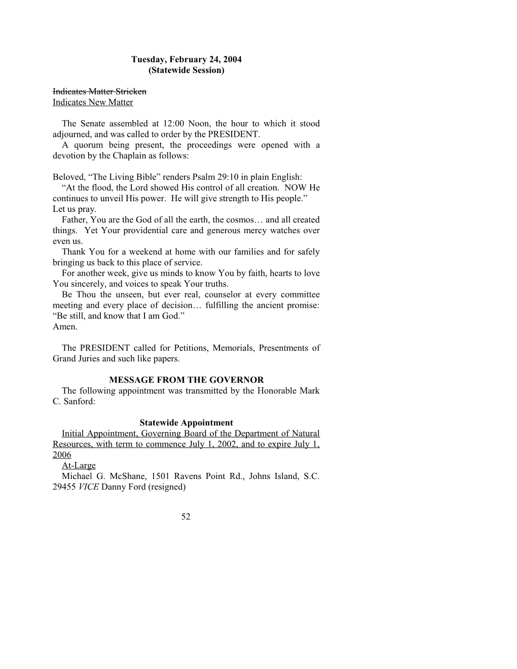 Senate Journal for Feb. 24, 2004 - South Carolina Legislature Online