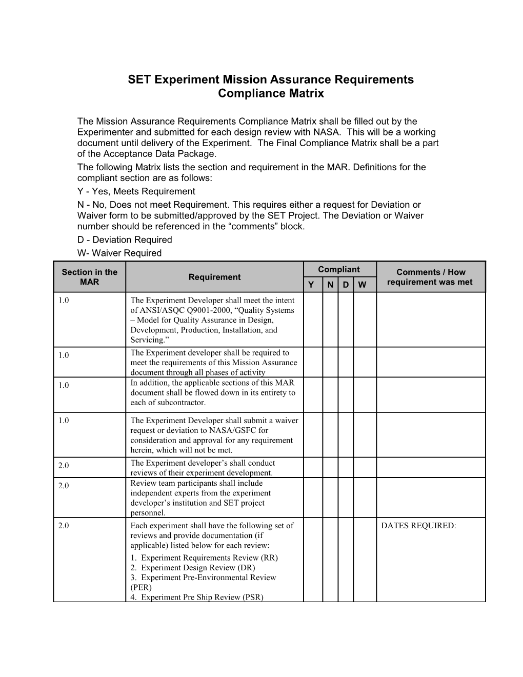 SET Experiment Mission Assurance Requirements Compliance Matrix