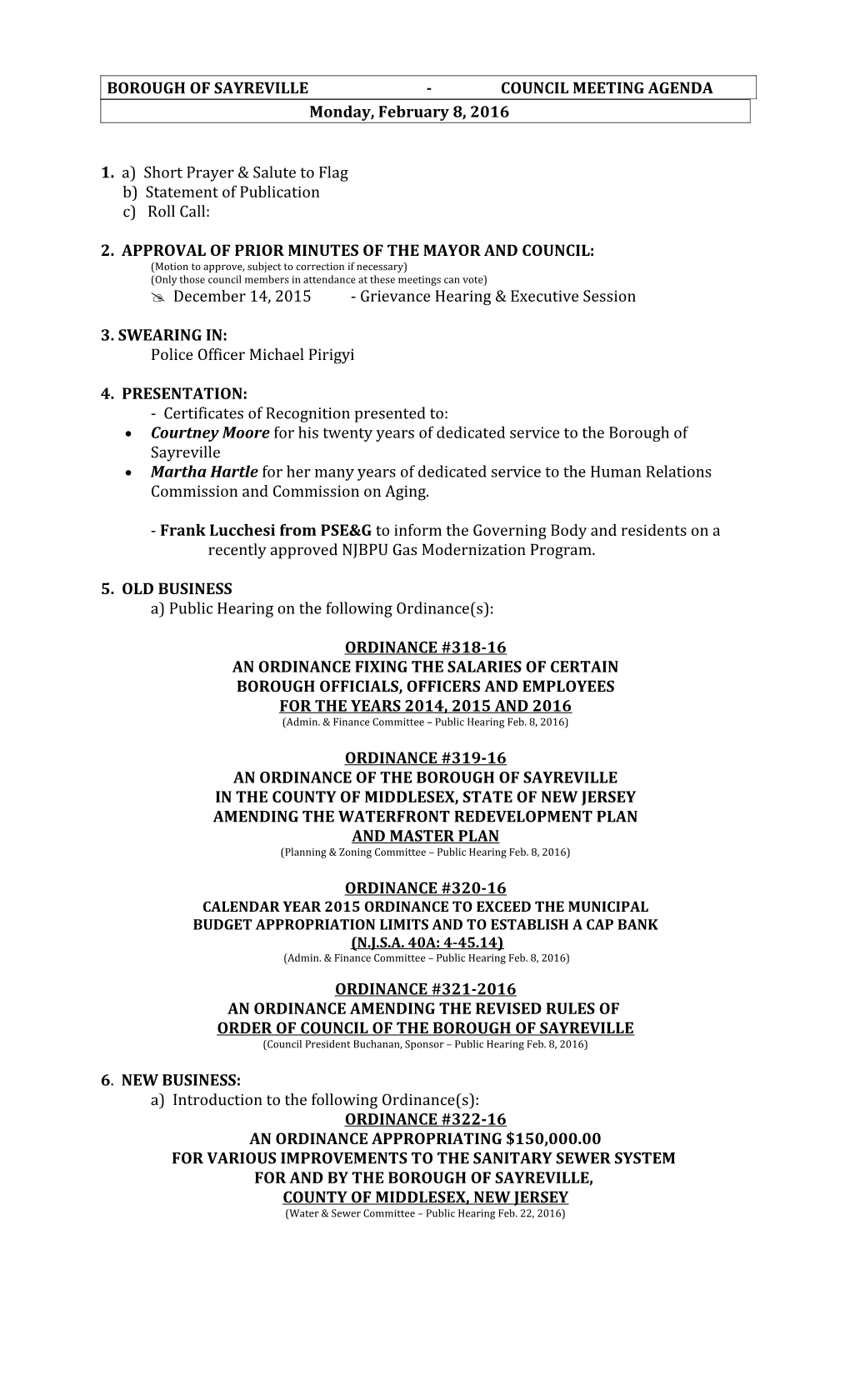 Borough of Sayreville - Council Meeting Agenda