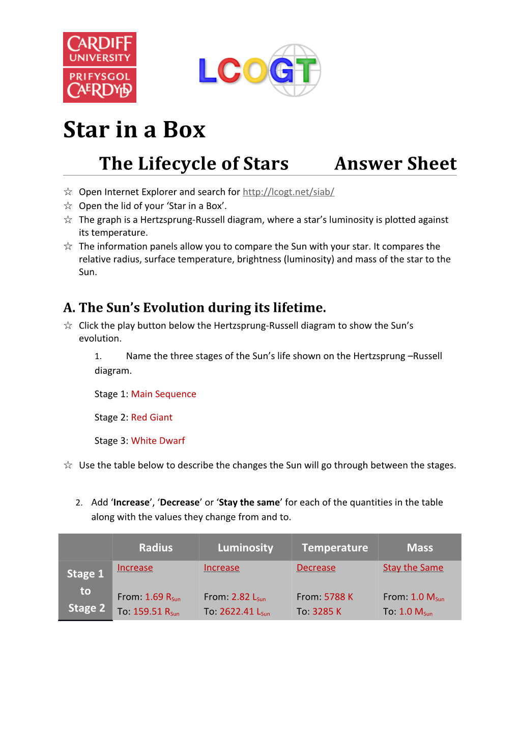 The Lifecycle of Starsanswer Sheet