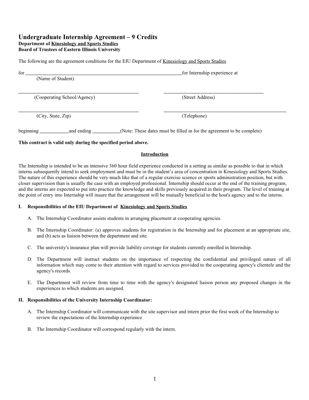 Undergraduate Internship Agreement 9 Credits