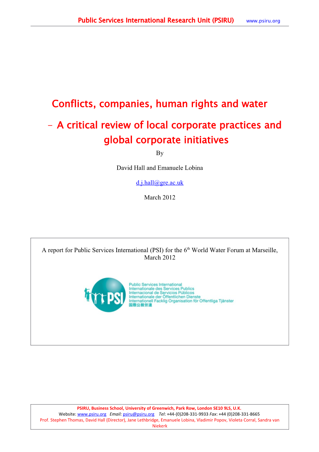Conflicts, Companies, Human Rights and Water