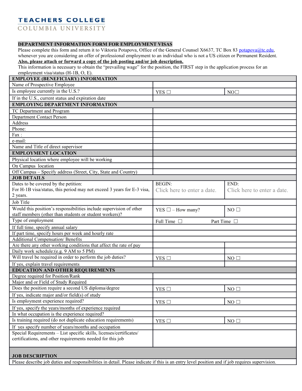 Department Information Form for Employment Visas