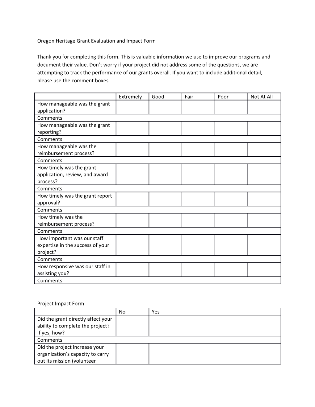 Oregon Heritage Grant Evaluation and Impact Form
