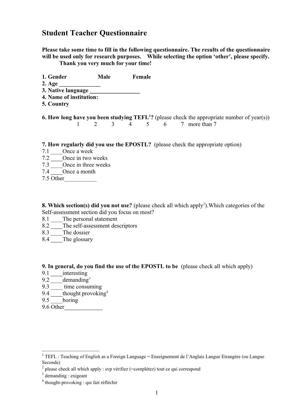 Student Teacher Questionnaire