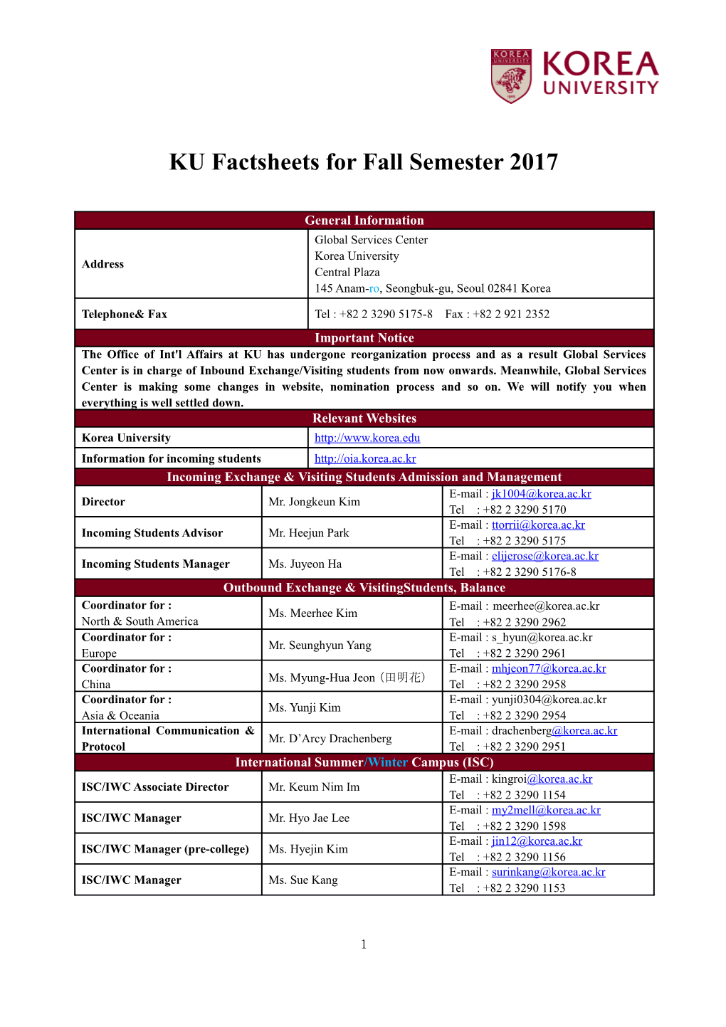 KU Factsheets Forfall Semester 2017