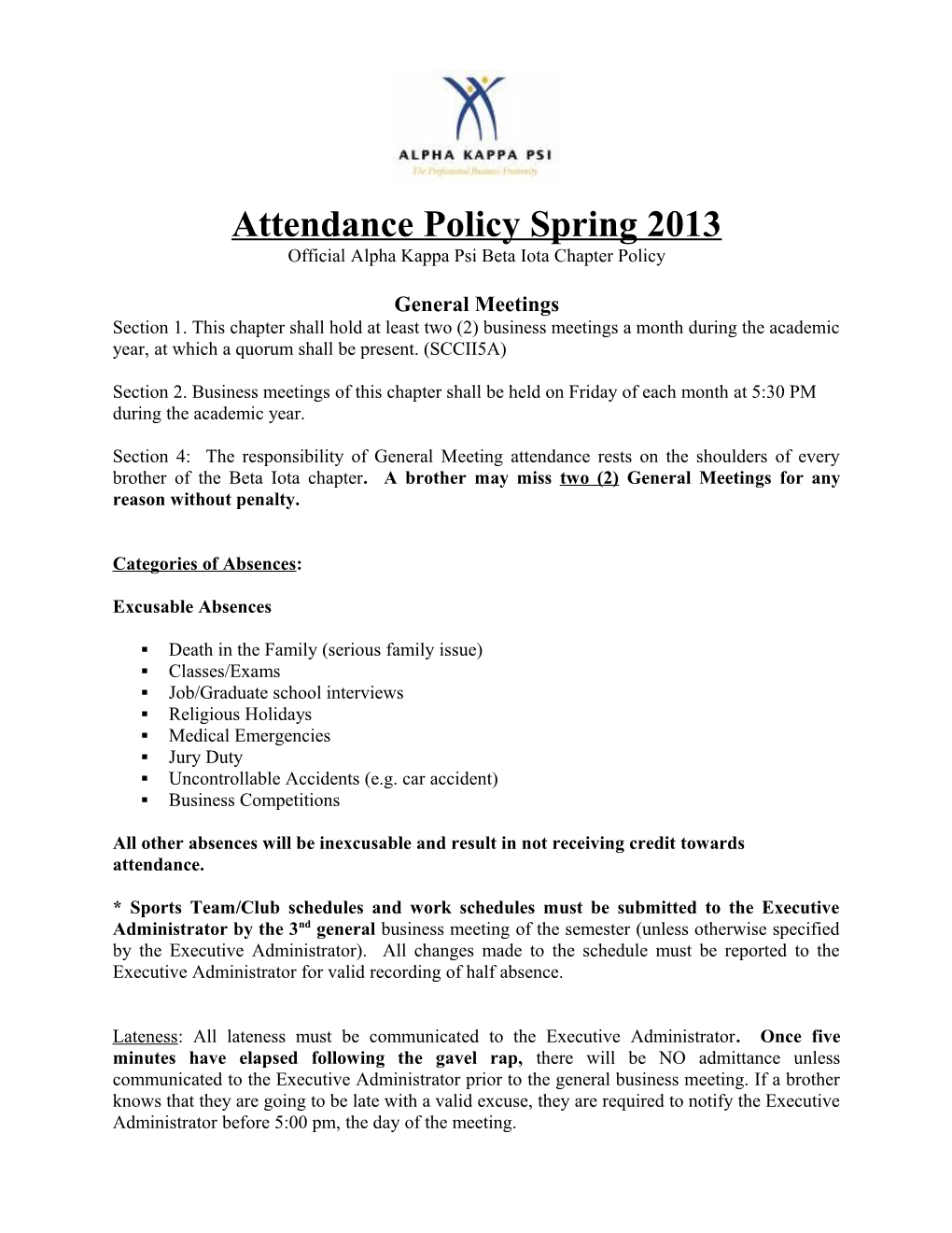 Attendance Policy Spring 2013