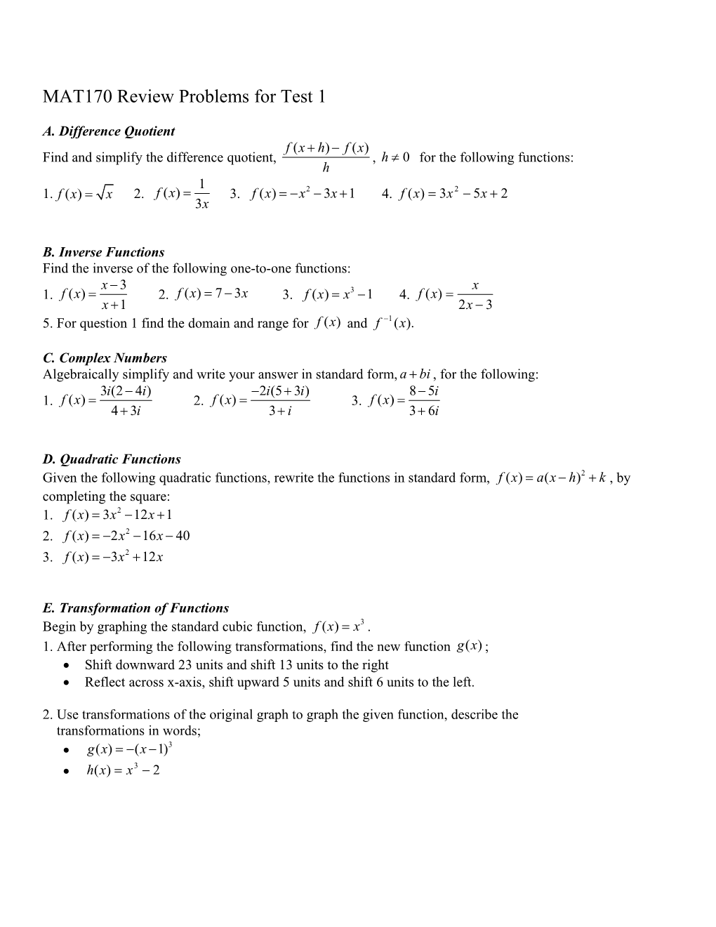 MAT170 Review Problems for Test 1