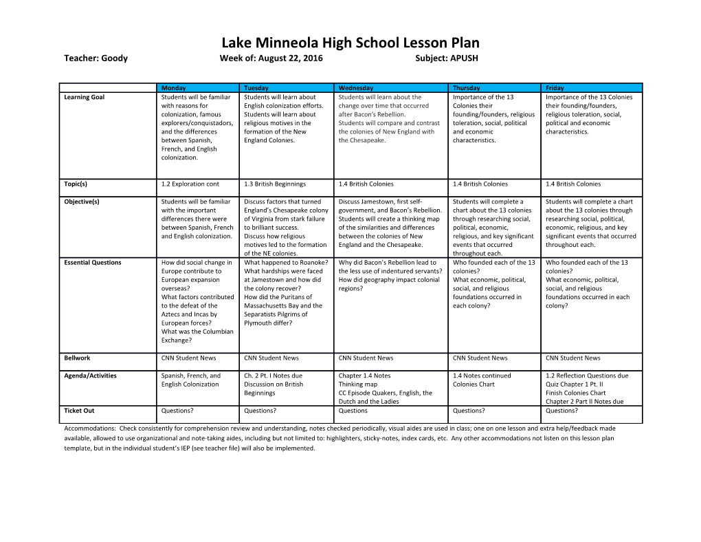 Lake Minneola High School Lesson Plan