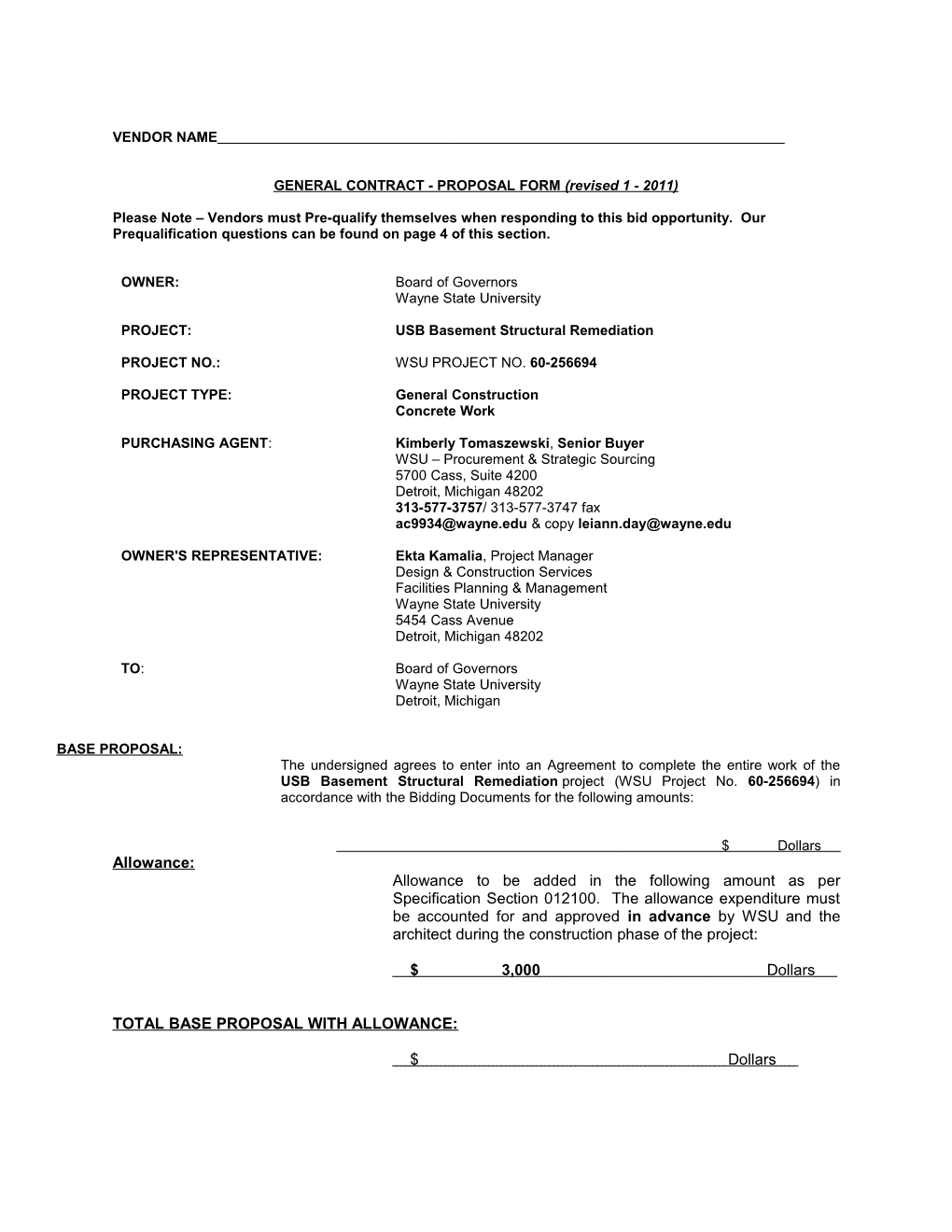 GENERAL CONTRACT - PROPOSAL FORM (Revised 1 - 2011)