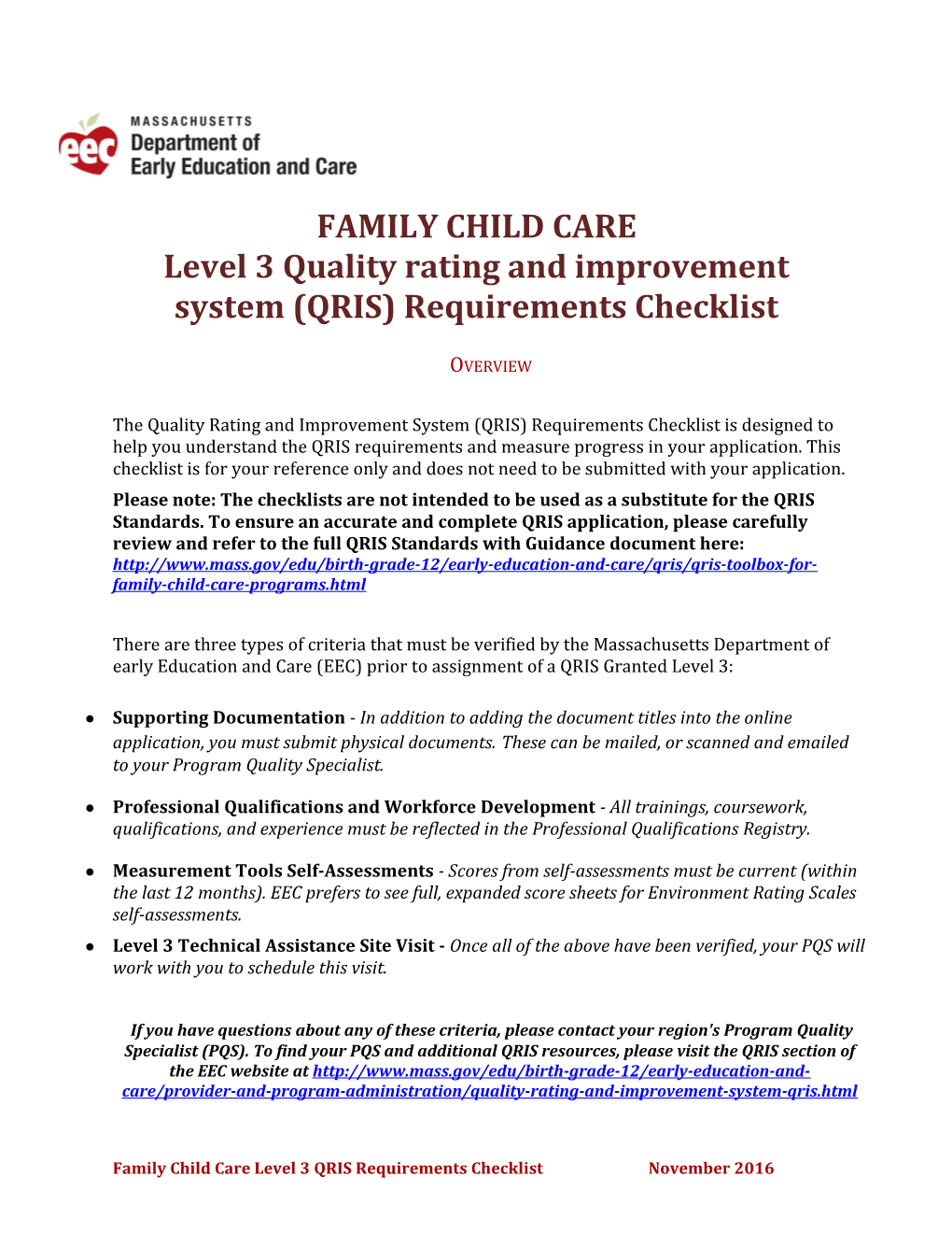 Level 3 Quality Rating and Improvement System (QRIS) Requirements Checklist