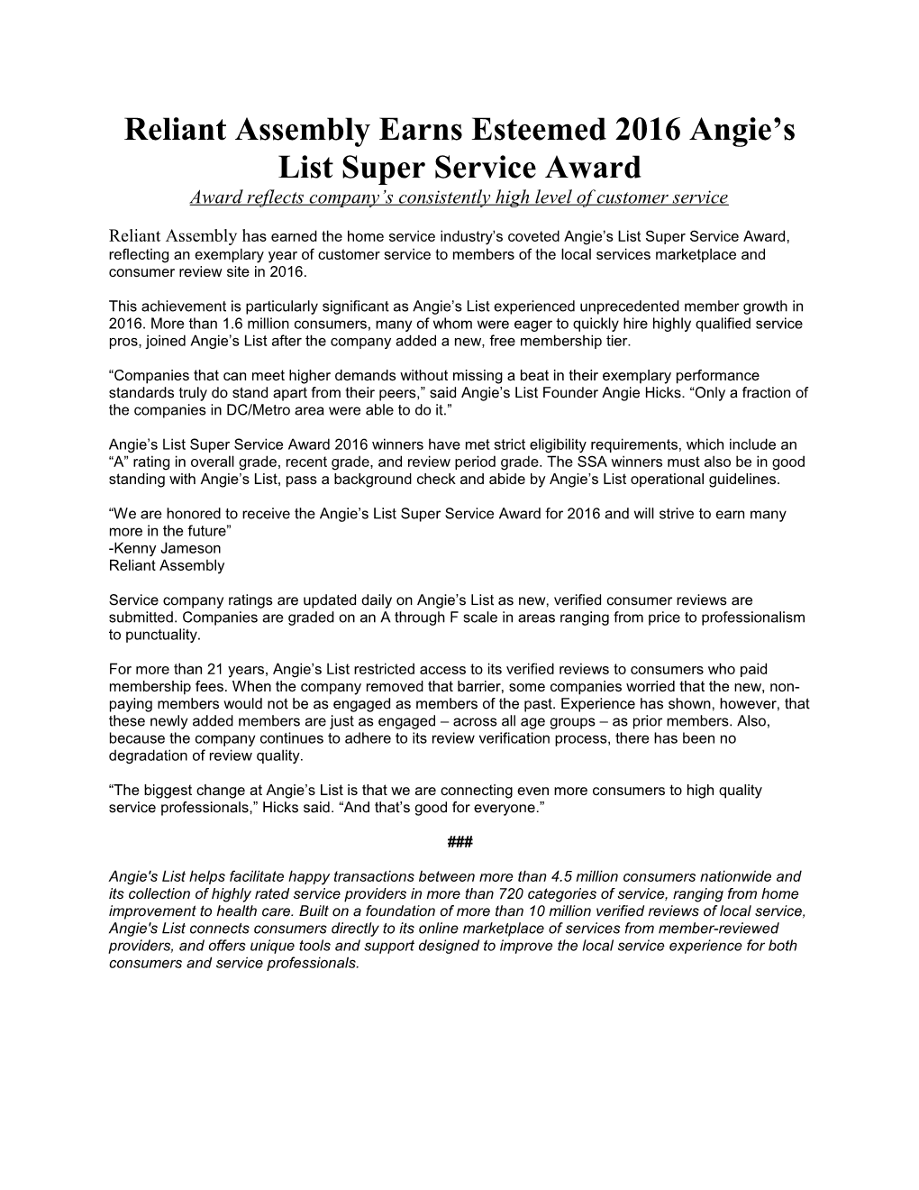 Reliant Assembly Earns Esteemed 2016Angie S List Super Service Award
