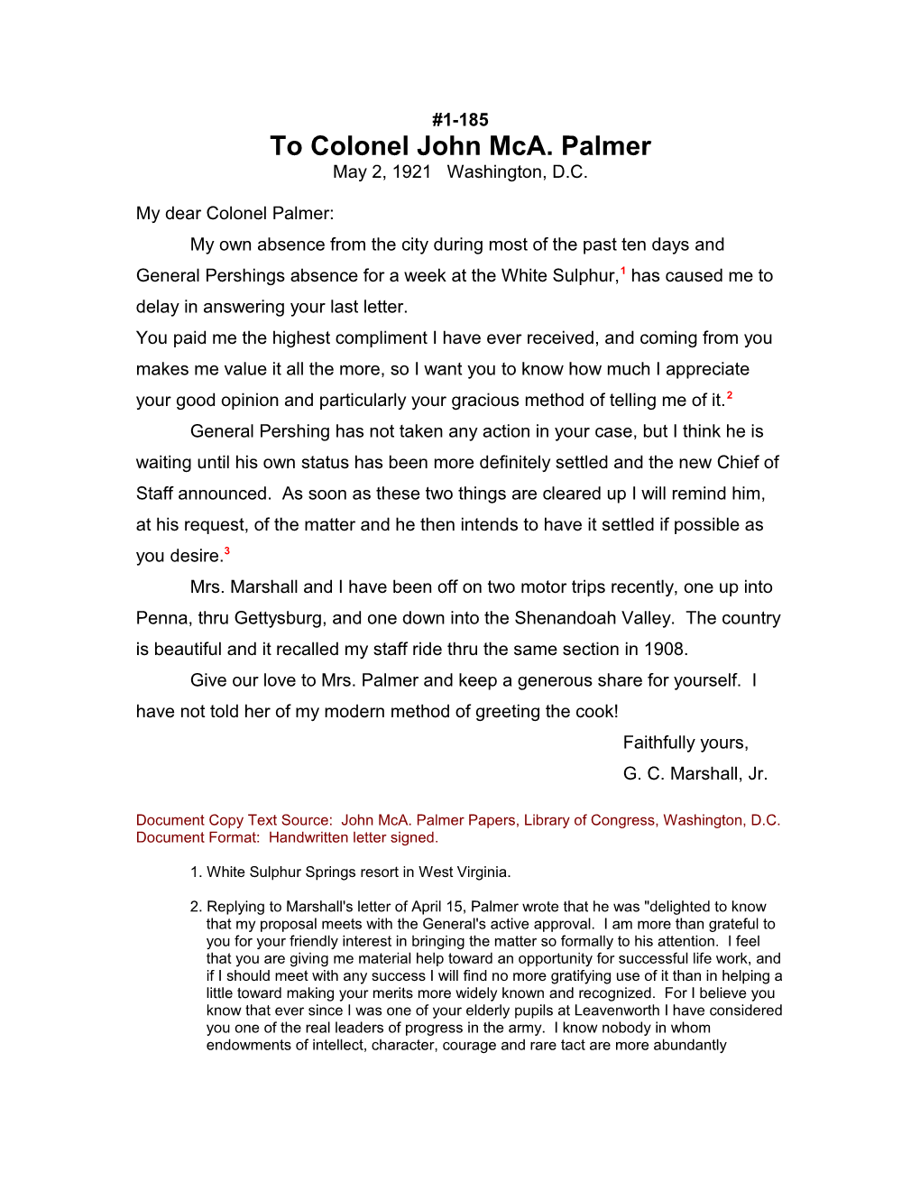 To Colonel John Mca. Palmer