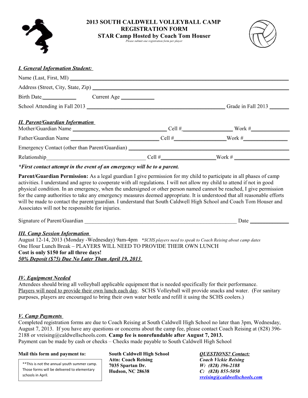 2012 South Caldwell Volleyball Camp Registration Form