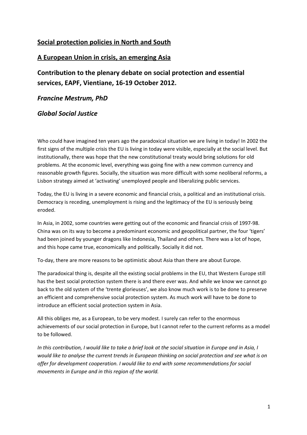 Social Protection Policies in North and South