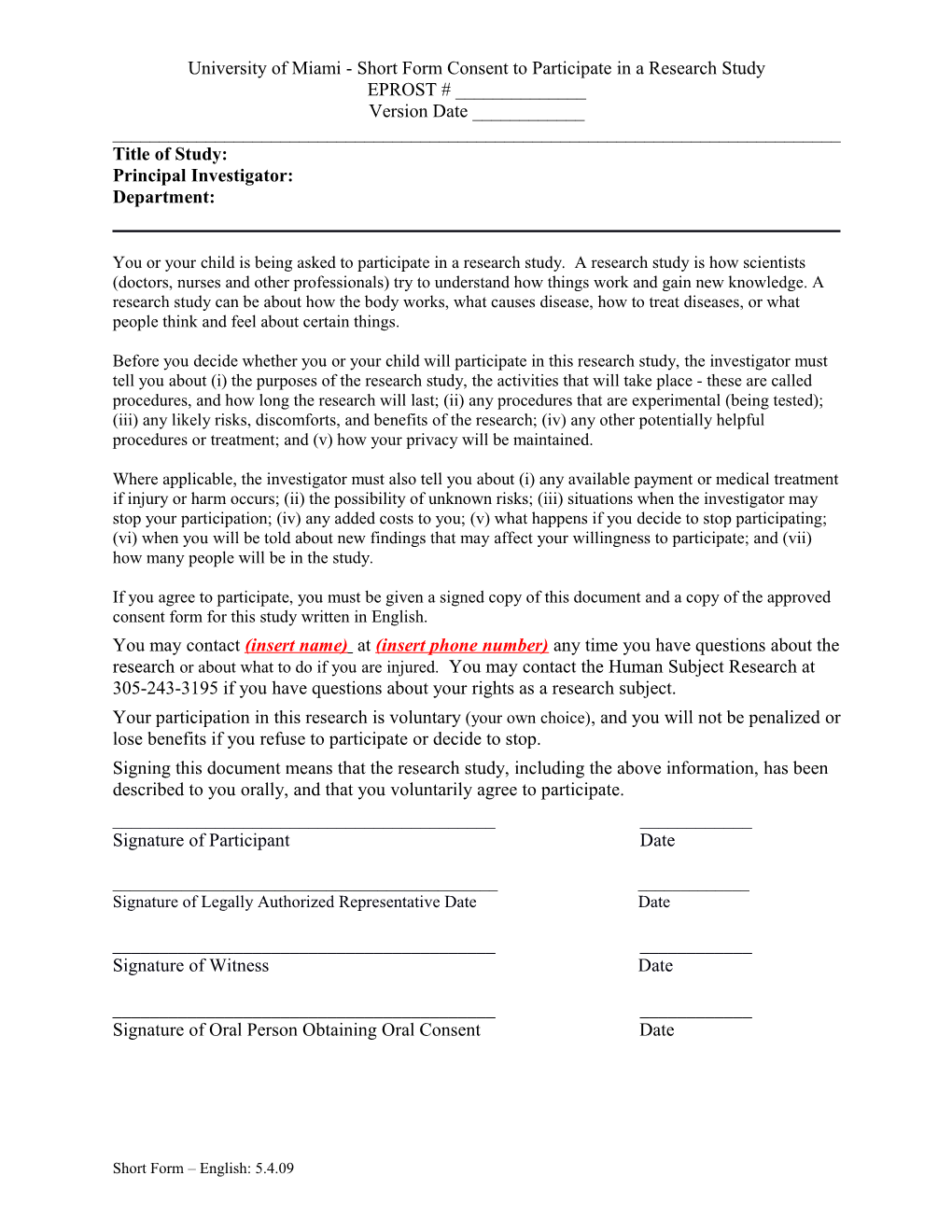 University of Miami - Short Form Consent to Participate in a Research Study