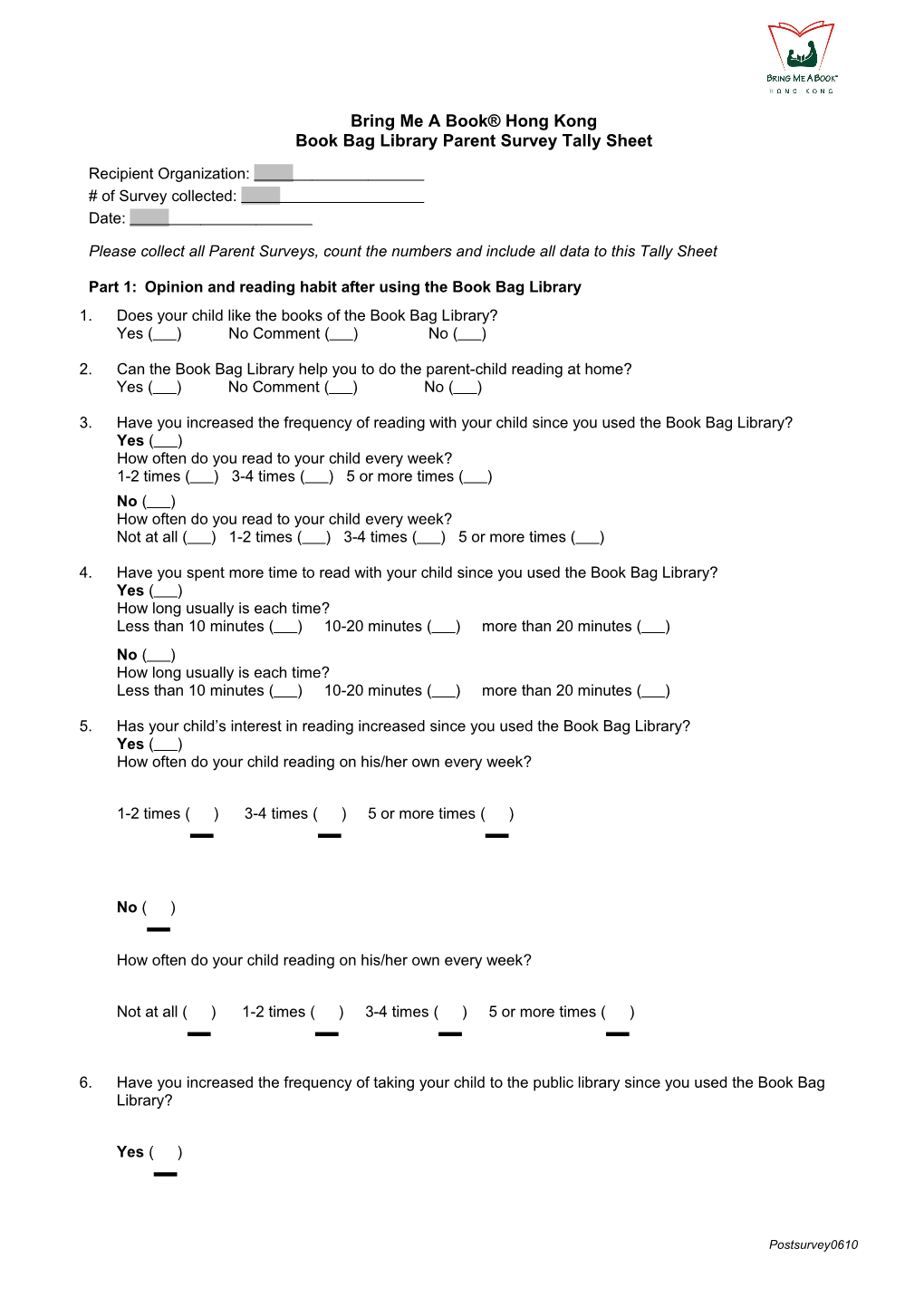 Book Bag Library Parent Survey Tally Sheet