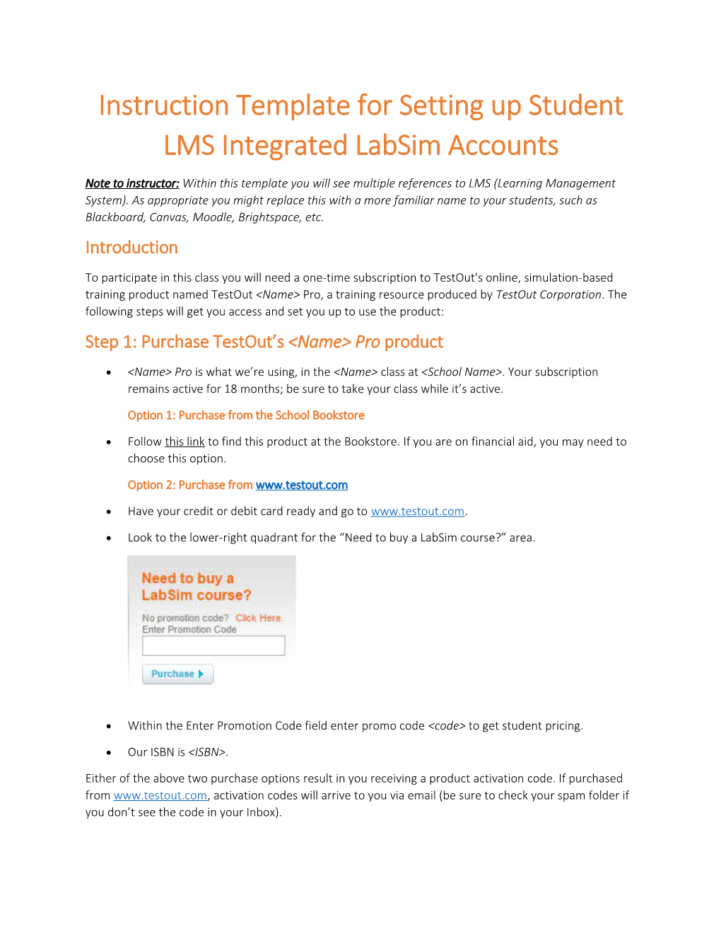 Instruction Template for Setting up Student LMS Integrated Labsim Accounts