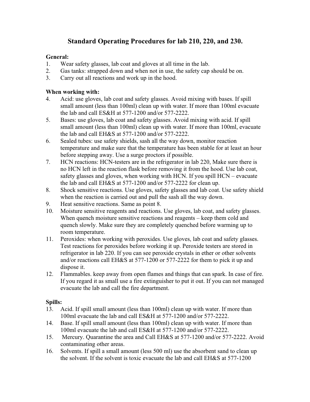 Standard Operating Procedures for Lab 210, 220, and 230