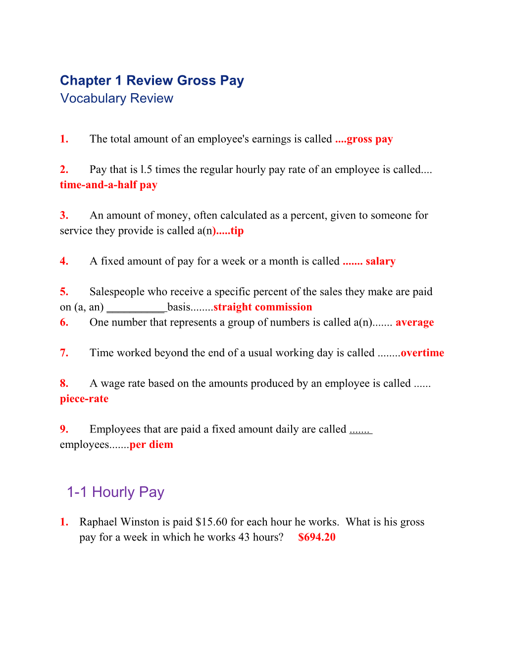 Chapter 1 Review Gross Pay