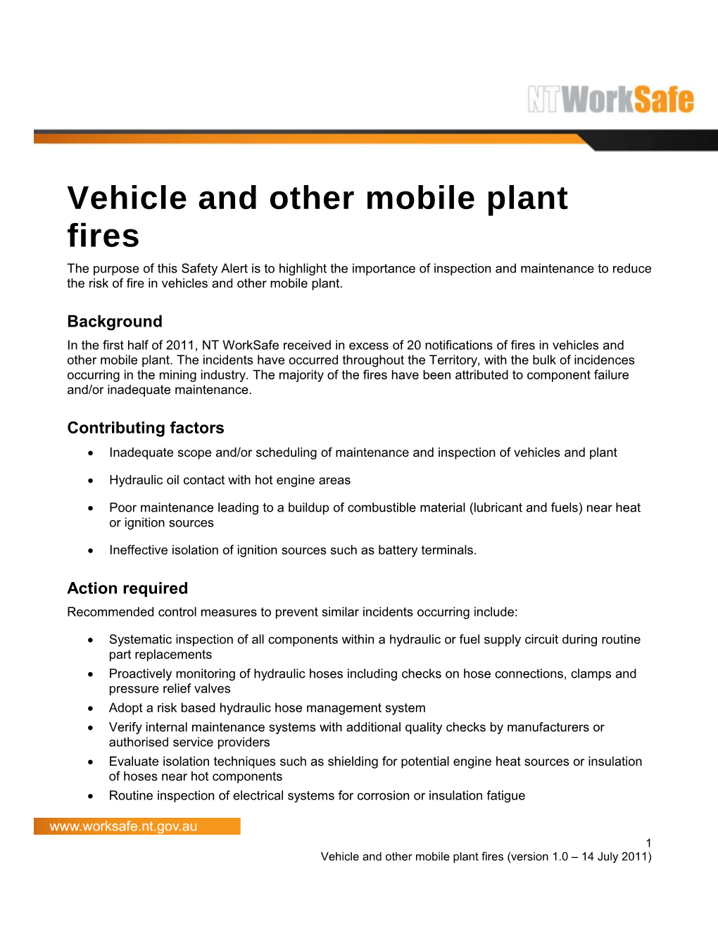 Safety Alert - Vehicle and Other Mobile Plant Fires