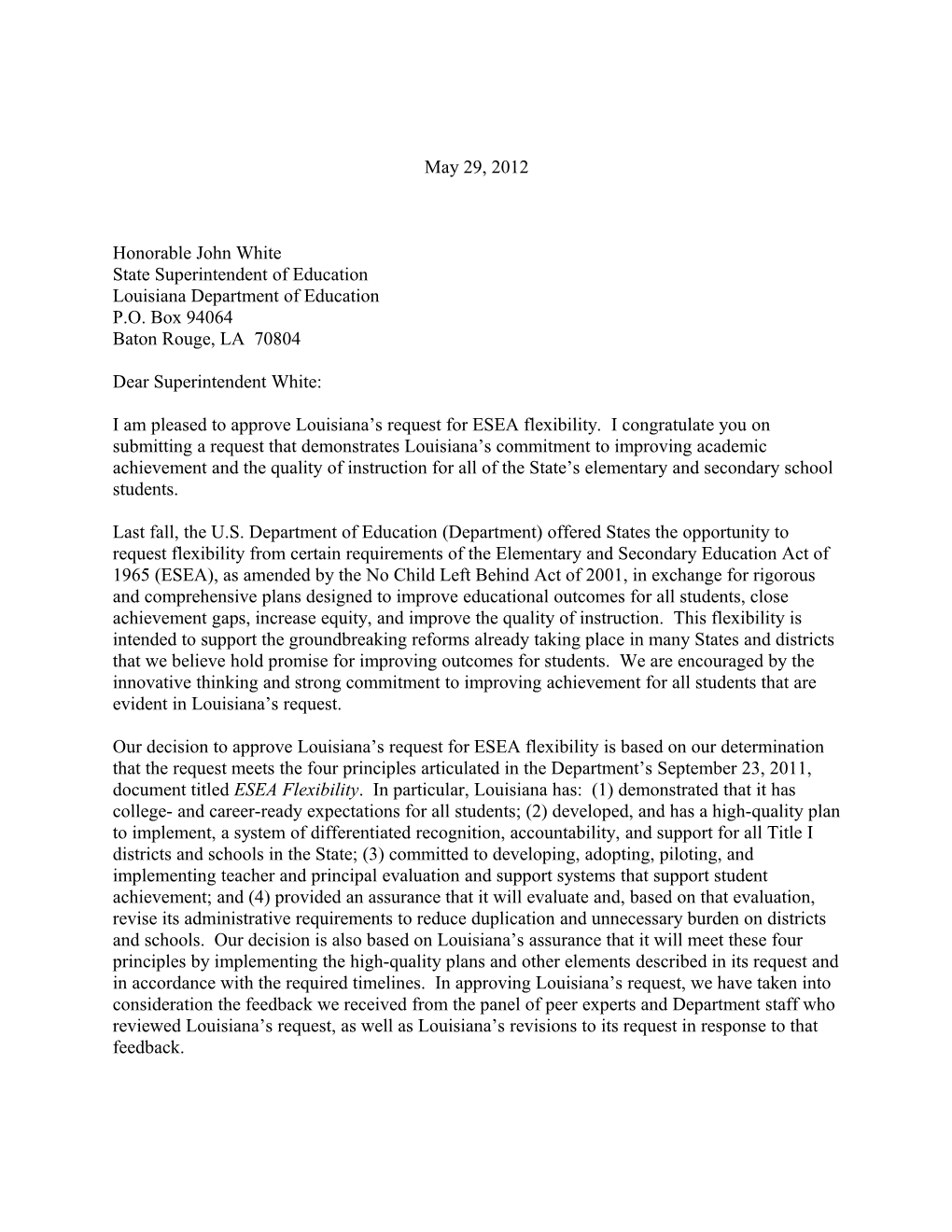 Ohio: ESEA Flexibility Requests, Secretary's Approval Letter May 29, 2012 (MS Word)New