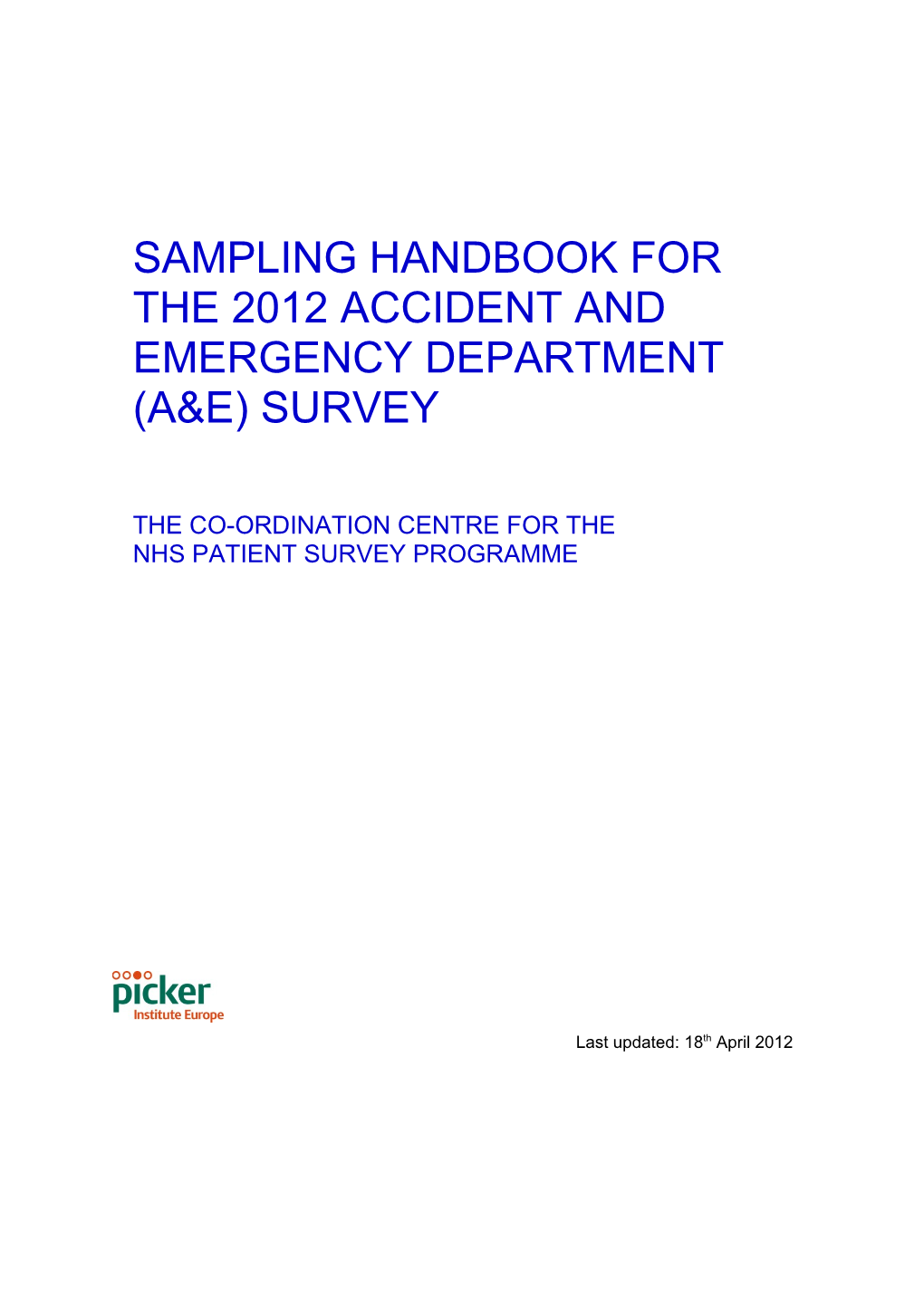 Sampling Handbookfor the 2012 Accident and Emergency Department (A&E) Survey