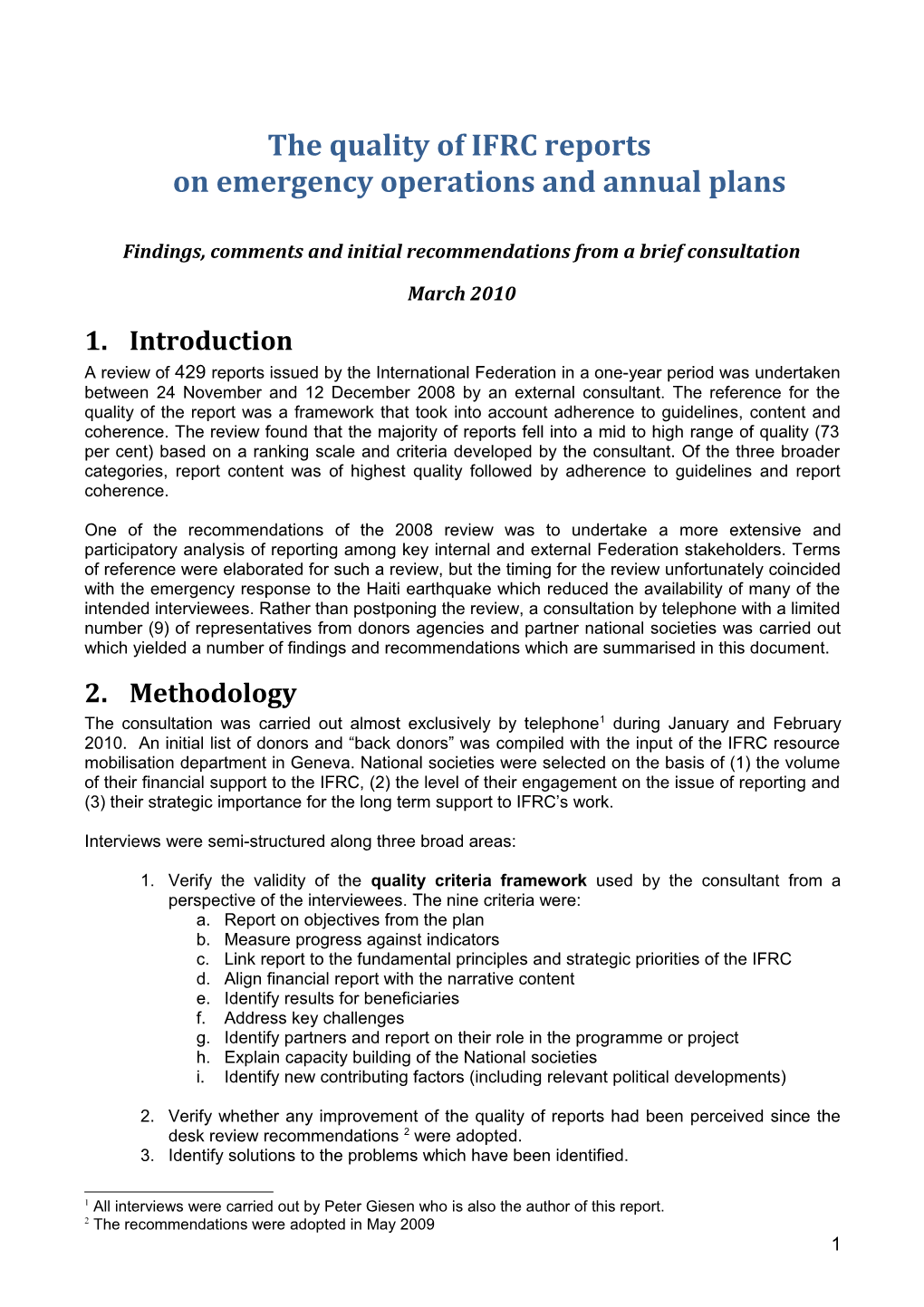 The Quality of IFRC Reports on Emergency Operations and Annual Plans