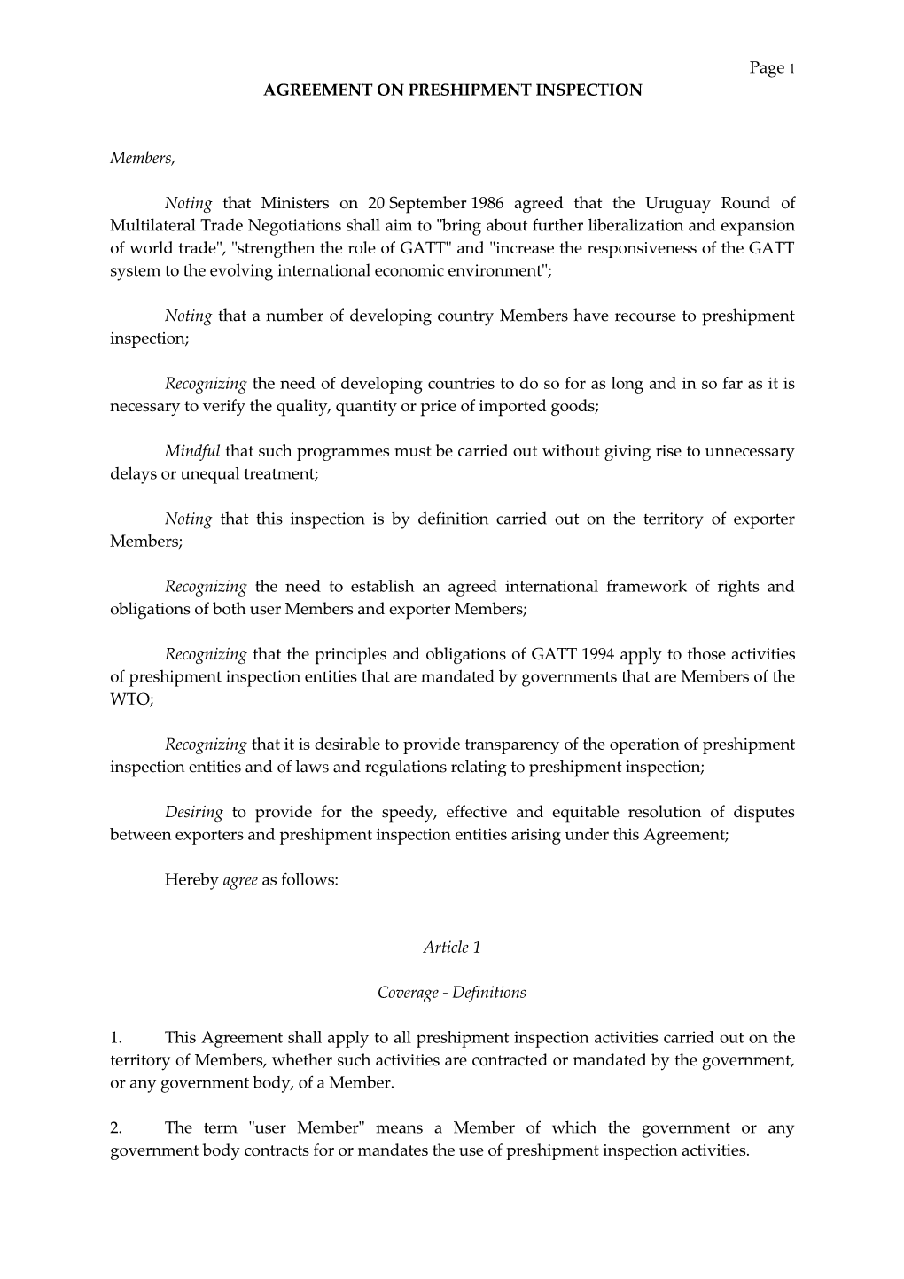 Agreement on Preshipment Inspection