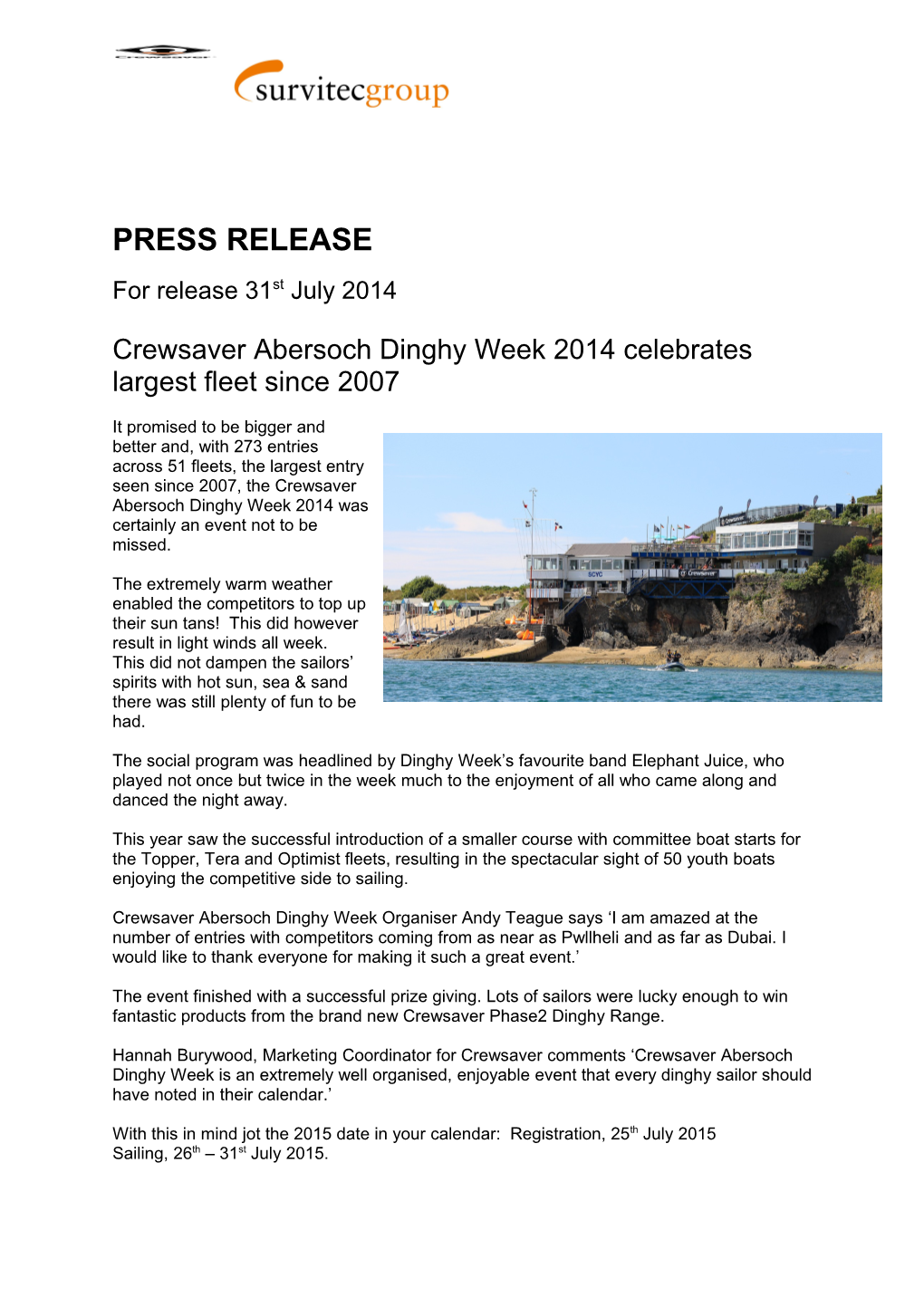 Crewsaver Abersoch Dinghy Week 2014Celebrates Largest Fleet Since 2007