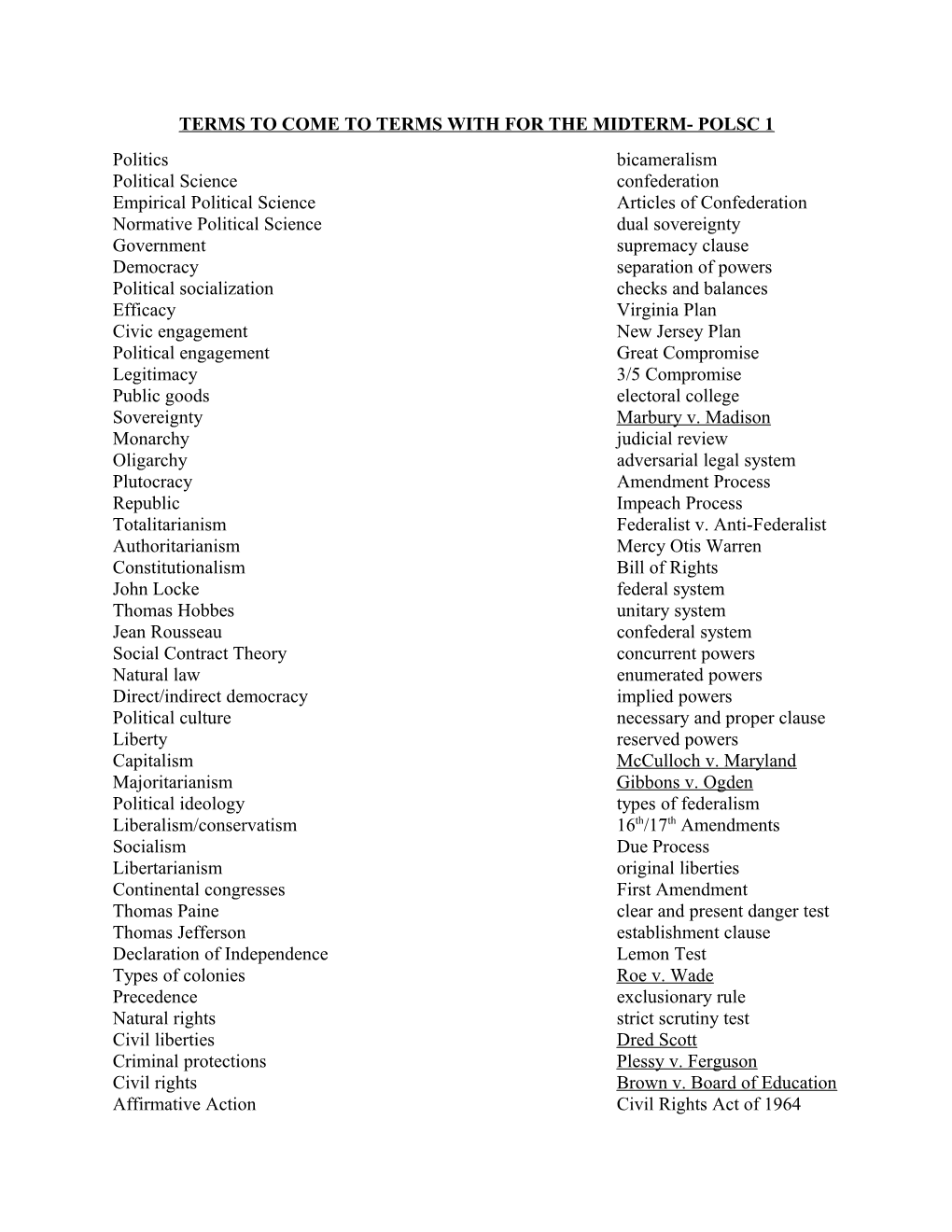 Terms to Come to Terms with for the Midterm- Polsc 1