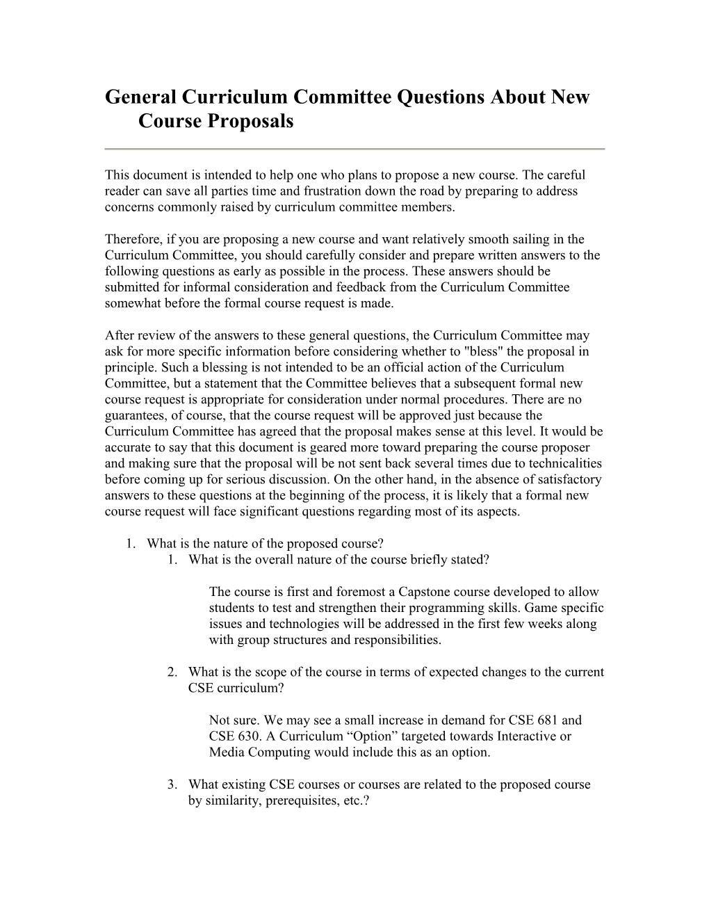 General Curriculum Committee Questions About New Course Proposals