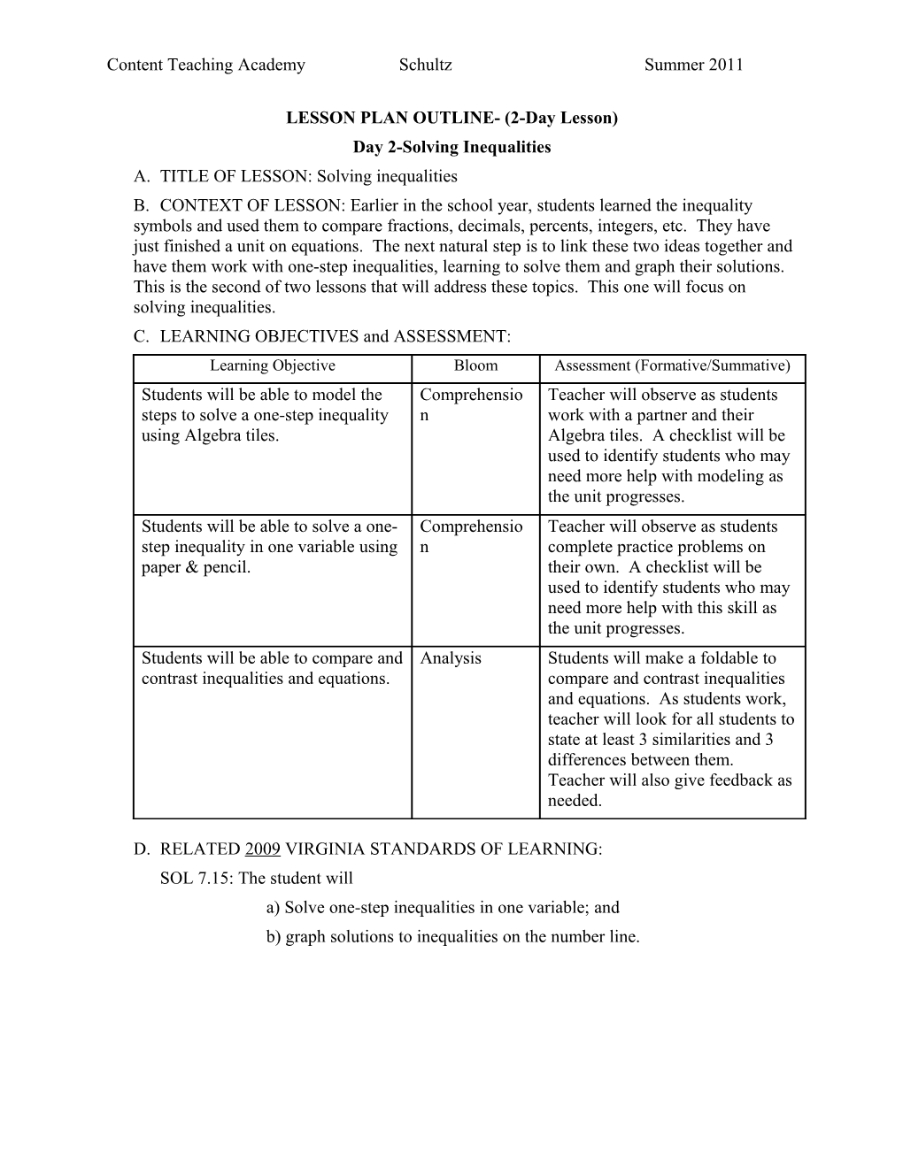 LESSON PLAN OUTLINE- (2-Day Lesson)