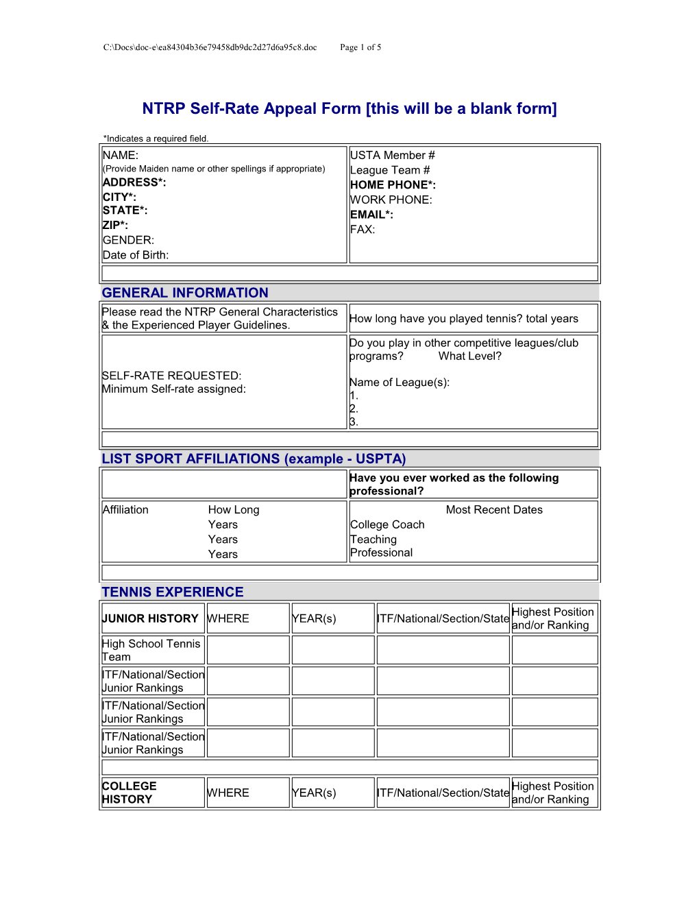 NTRP Self-Rate Appeal Form