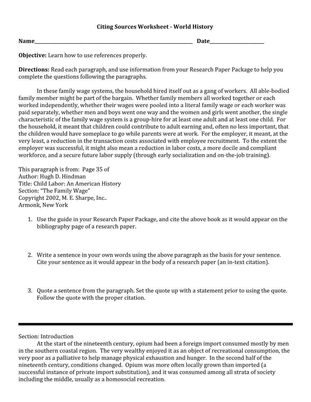Citing Sources Worksheet - World History
