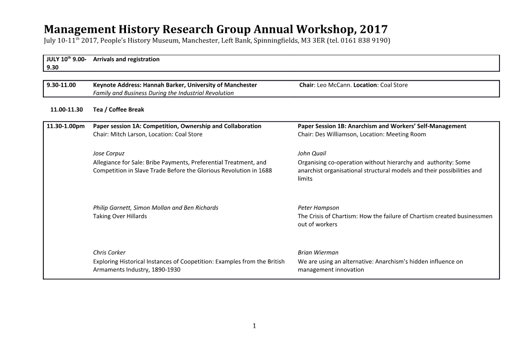 Management History Research Group Annual Workshop, 2017