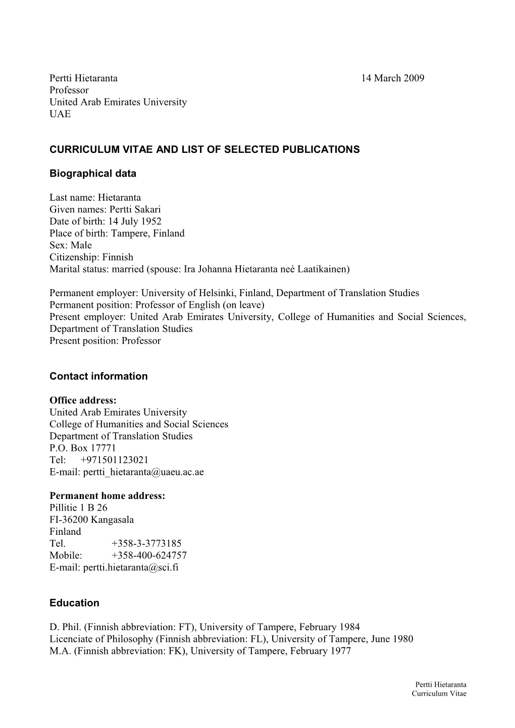 Curriculum Vitae and List of Selected Publications