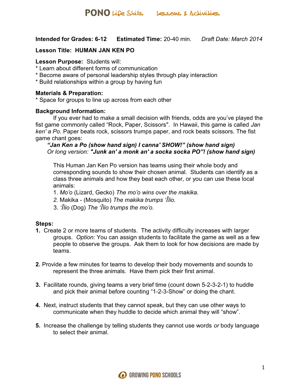 Intended for Grades: 6-12 Estimated Time: 20-40 Min. Draft Date: March 2014