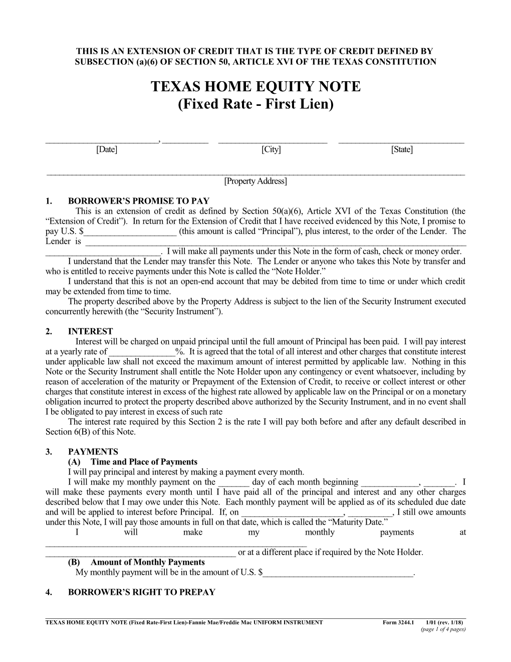 Summary: Texas Home Equity Note - Fixed Rate - First Lien (Form: 3244.1): Word