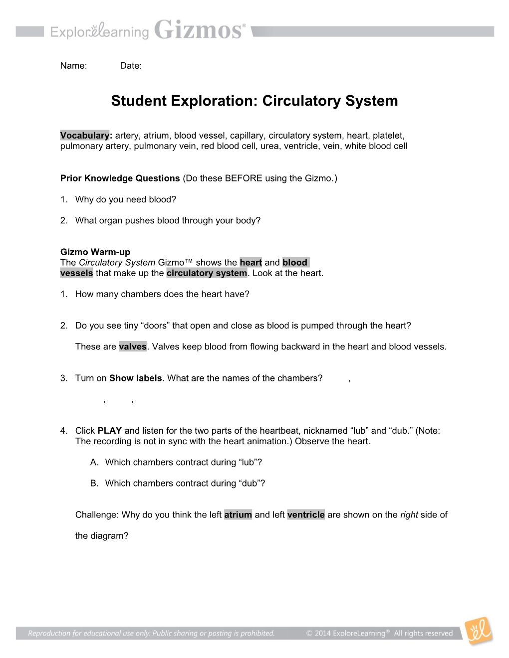 Student Exploration: Circulatory System