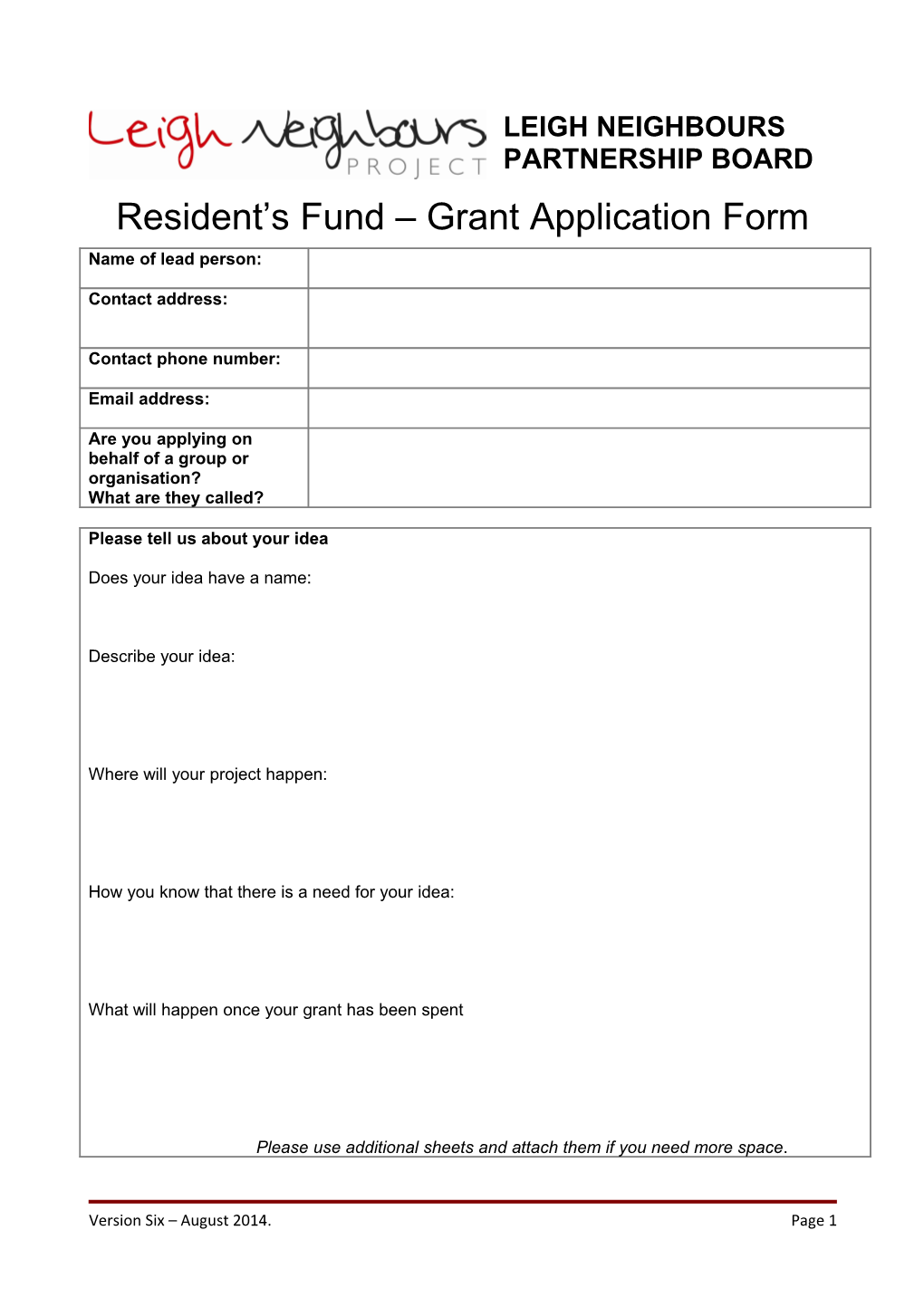 Resident S Fund Grant Application Form