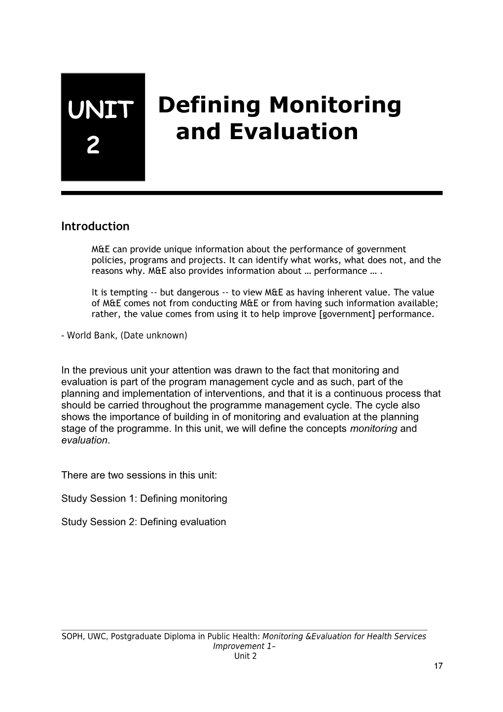 Defining Monitoring and Evaluation