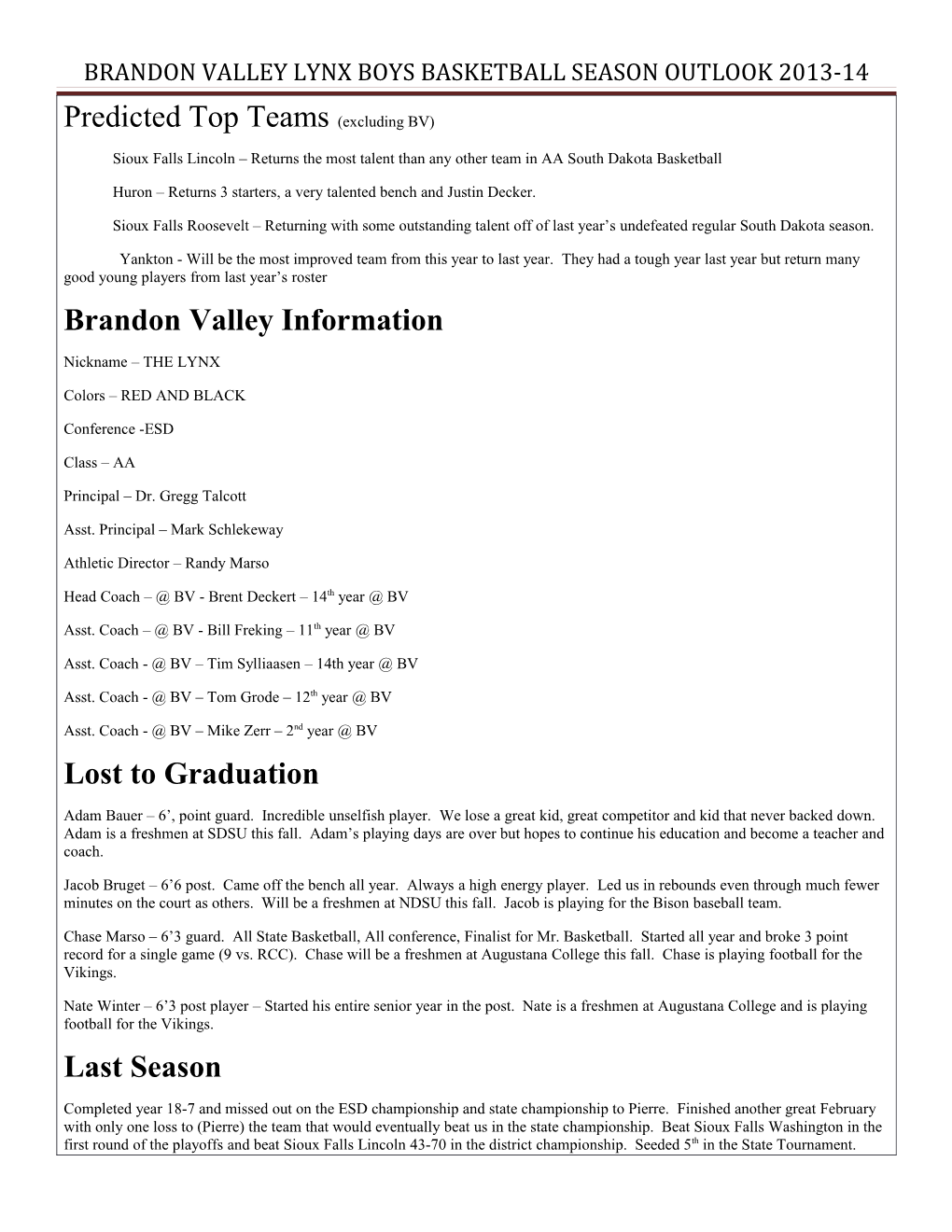 Brandon Valley Lynx Boys Basketball Season Outlook 2013-14