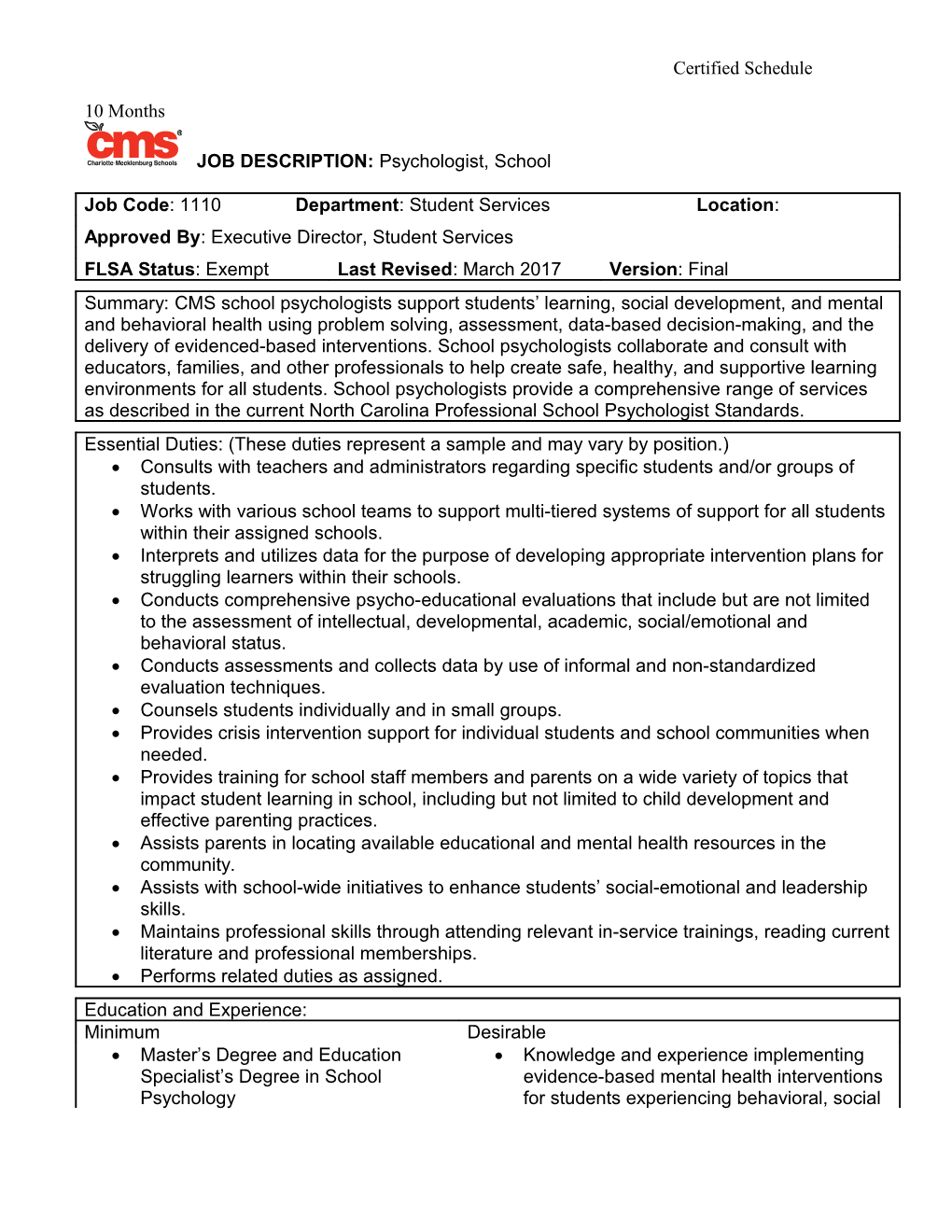 CMS School Psychology Job Description