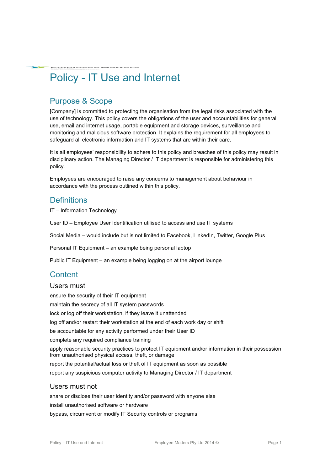 Policy - IT Use and Internet