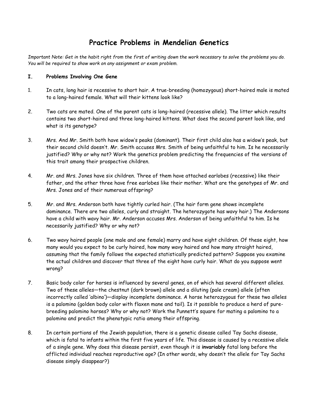 Problems in Mendelian Genetics