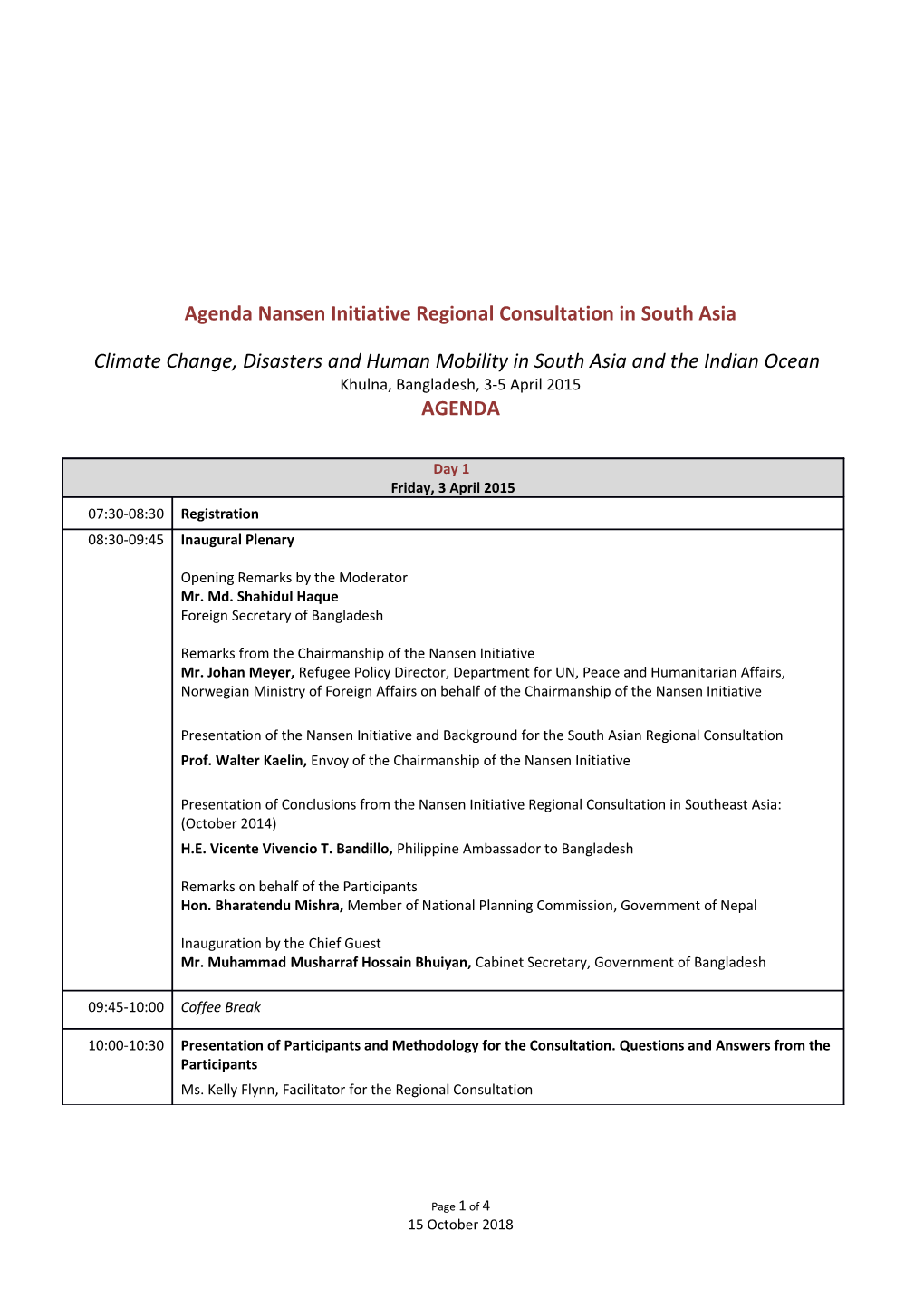 Agenda Nansen Initiative Regional Consultation in South Asia