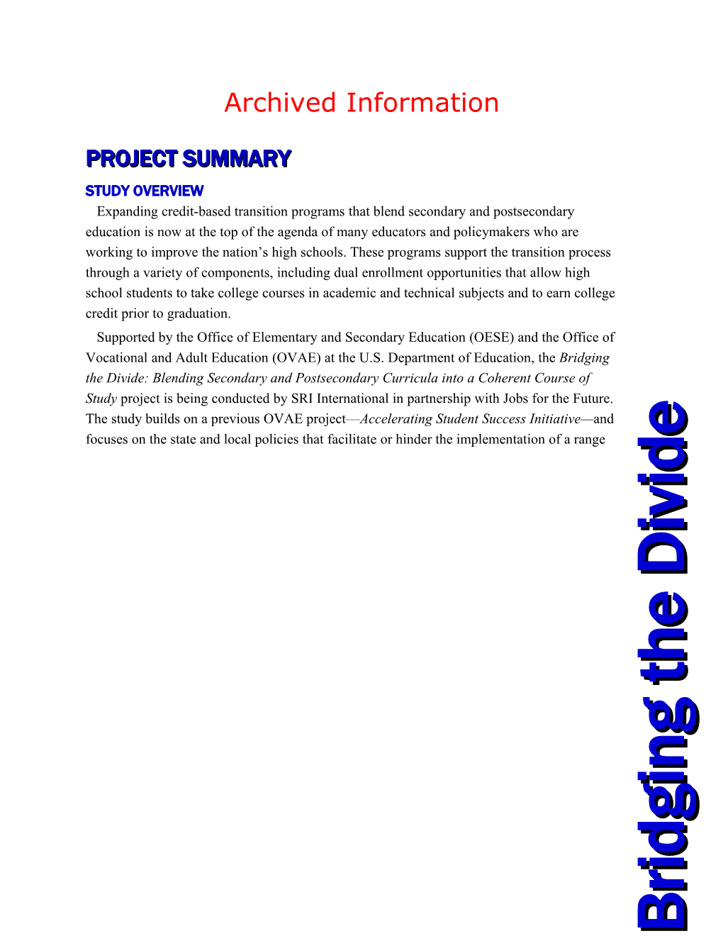Archived: Project Summary: Bridging the Divide (MS Word)