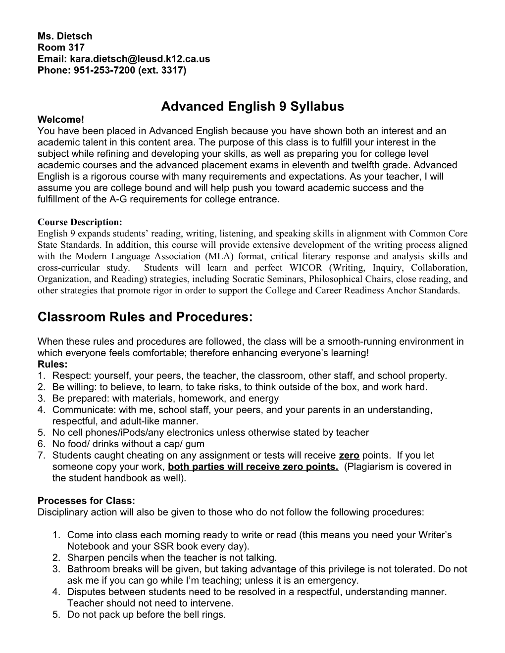 Advanced English 9 Syllabus