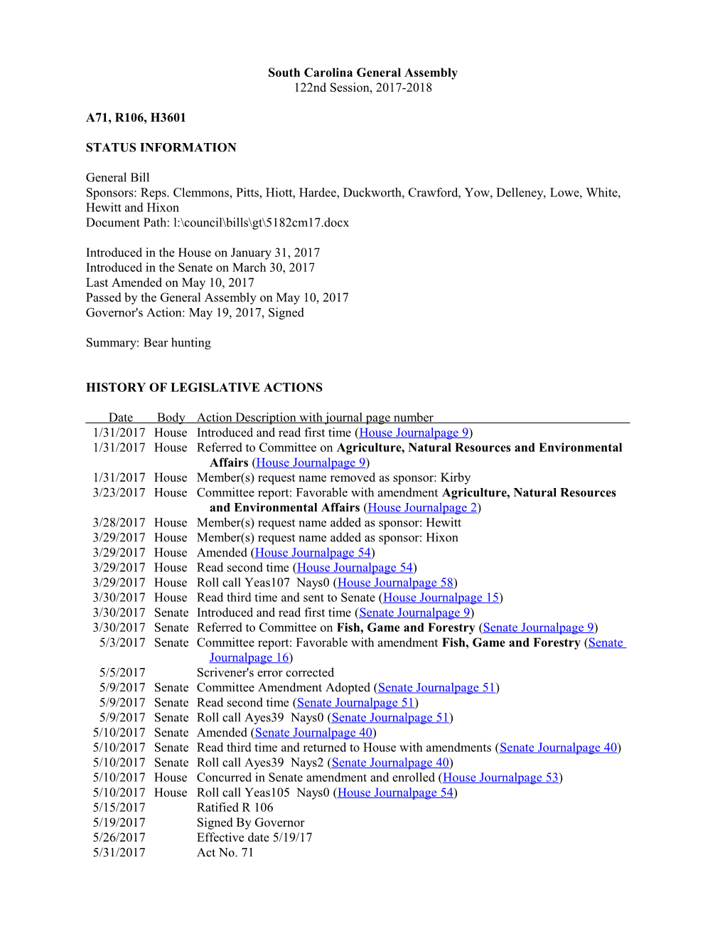 2017-2018 Bill 3601: Bear Hunting - South Carolina Legislature Online